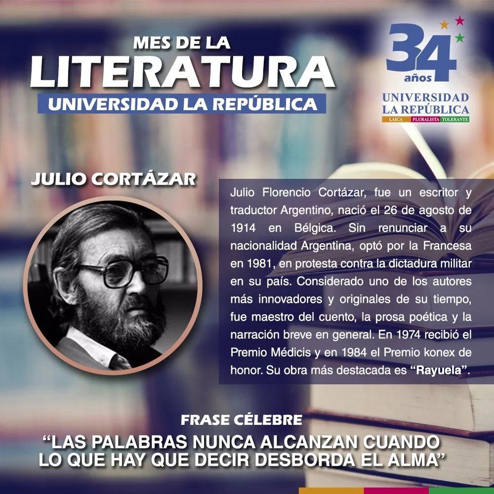 ULARERancagua's tweet photo. En nuestro Mes de la Literatura Ulare hoy recordamos al gran Escritor Julio Cortázar ✒️
"Creo que no te quiero, que solamente quiero la imposibilidad tan obvia de quererte como la mano izquierda enamorada de ese guante que vive en la derecha"
#ularepublica  #juliocortazar https://t.co/0DwWhmnAvR