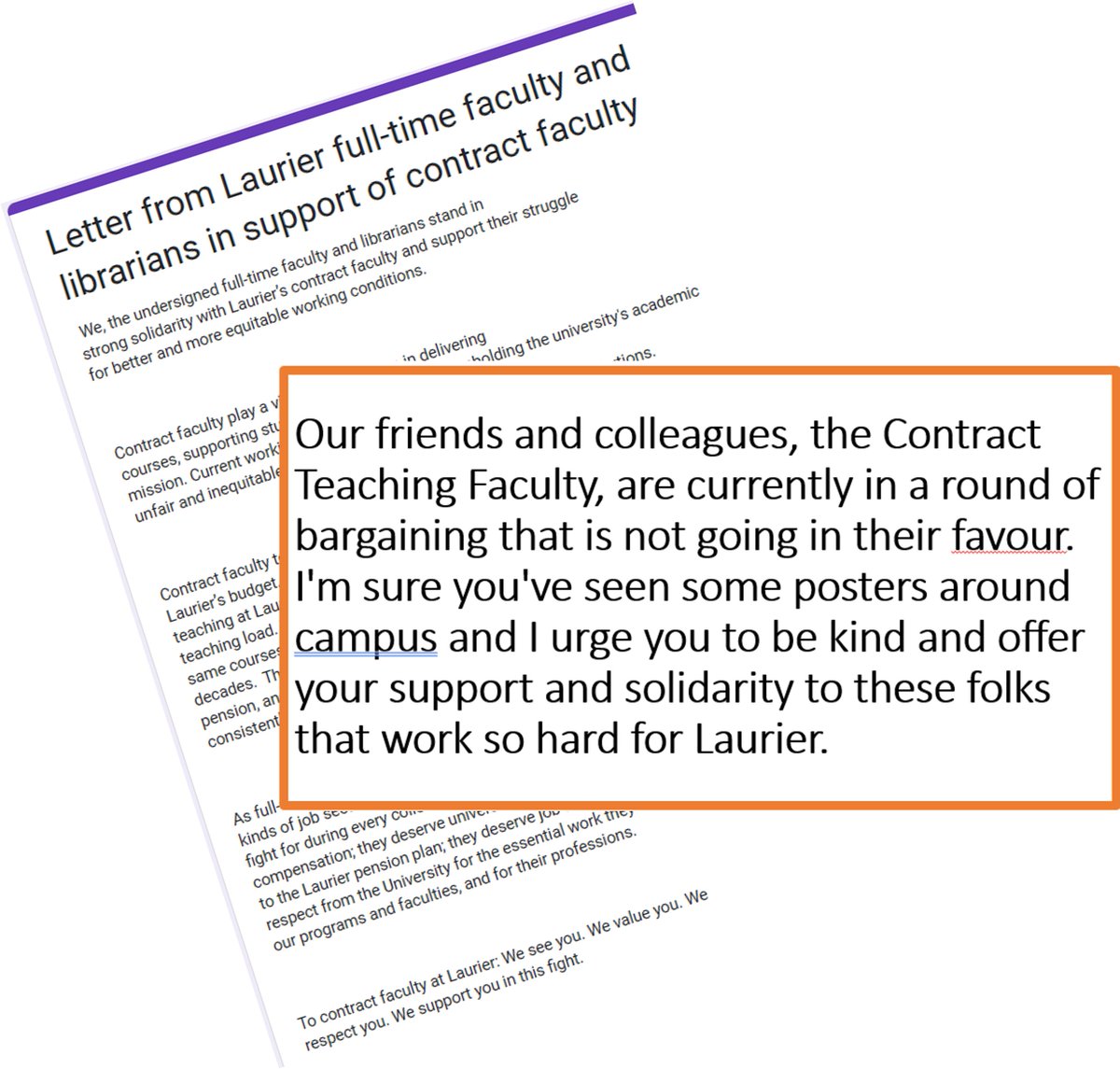 kellishale's tweet photo. 200+ FT Faculty signatures in support of CF & now this from #wlusa. @laurier admin has misread this round of negotiations ... support for CF is building and what is about to follow is of their own making. #fairness4cf #precariouswlu #wlufa #ocufa https://t.co/ABo3Gw5tJU