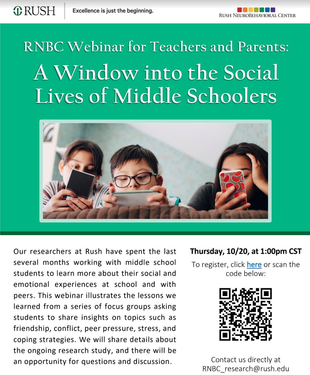 5-8 Families, check out this webinar from RUSH. Registration is at the QR code on the flier below if you'd like to attend.