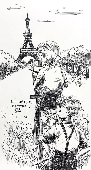 #inktober #inktober2022 
#オルフェさんと綴るペン画の旅

DAY 19.PONYTAIL.
ポニーテイル。

「(……この人はなんでここに来るといつも後ろを陣取るんだろ…)」 