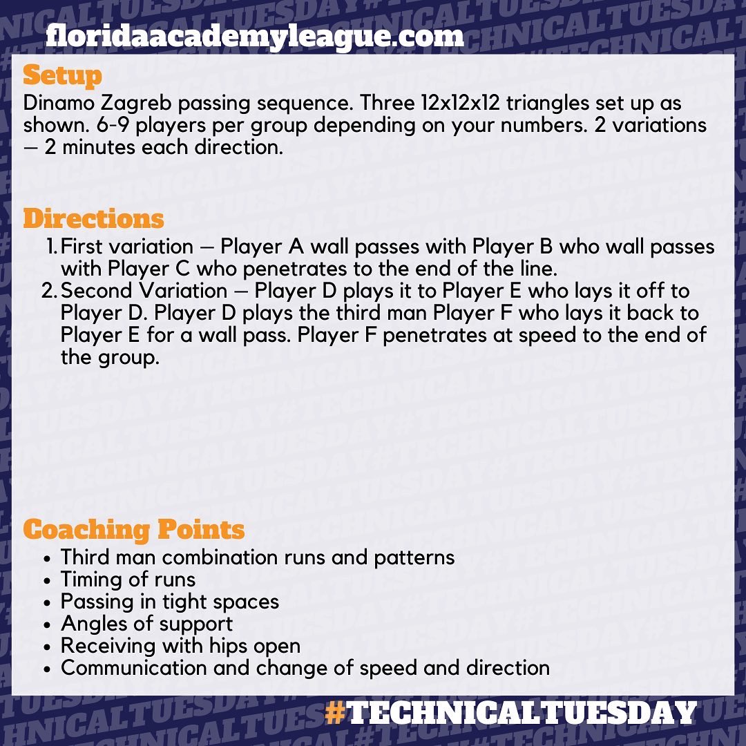 This passing activity was observed by @soccerspecific Staff in Zagreb while watching the Dinamo Zagreb youth teams train at their training facility.  This activity will be especially effective in the U10-U14 age group, but can be used at higher levels as well.

#technicaltuesday