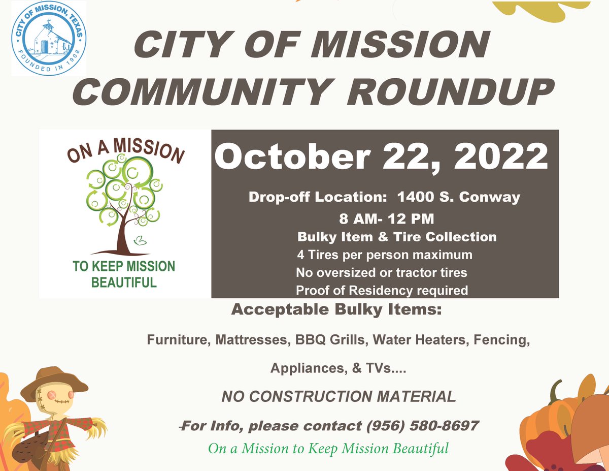 CityOfMissionTX's tweet photo. TODAY!!!! DROP OFF your old furniture, electronics, unwanted household items, tires (4 max), and mattresses. Let's all do our part to keep Mission clean!!! #CommunityRoundup 😁🧹🪠🧺🚽🛁🪣🚪🪑🛋🛏 https://t.co/sZnaSy8oUu