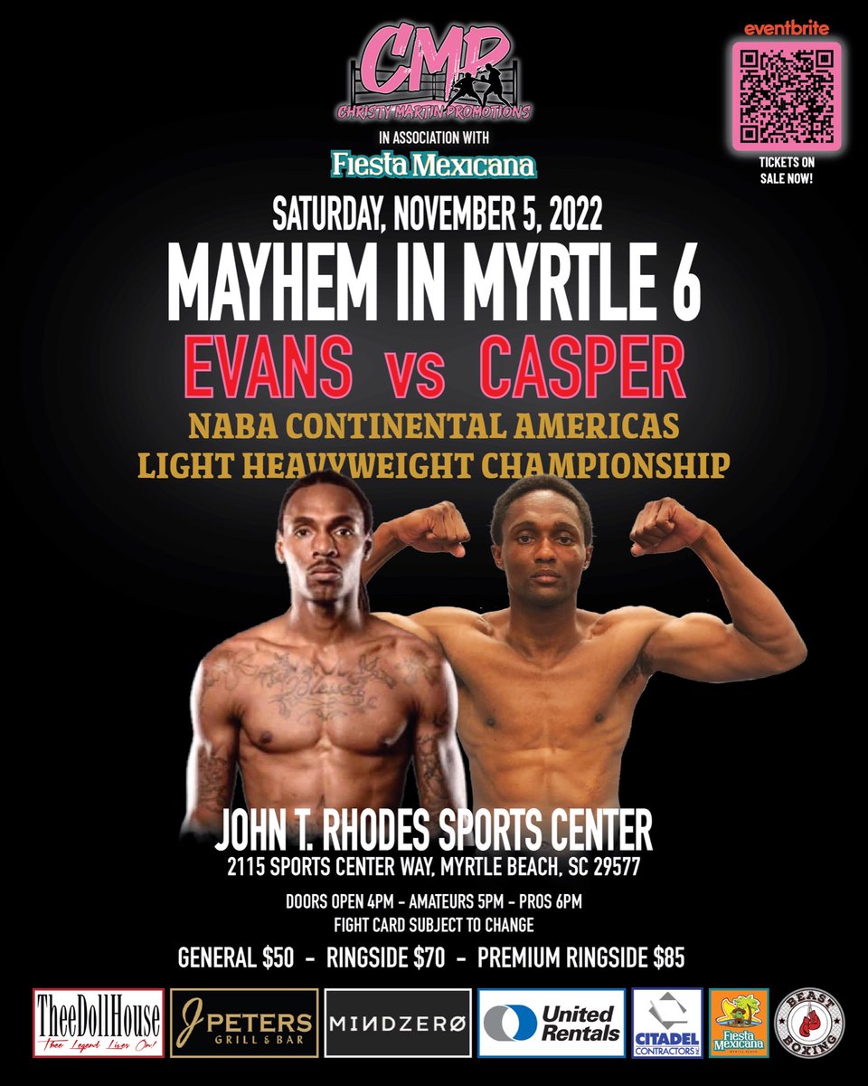 Christy Martin Promotions Returns for Another Night of All-Action Professional and Amateur Boxing at Mayhem in Myrtle 6 on Sat. November 5 @christymartin68 @CMartinBoxing #boxing @fightnews @WorldBoxingNews @boxingscene @MyrtleBeachGov #boxing #boxingnews conta.cc/3SevLn0