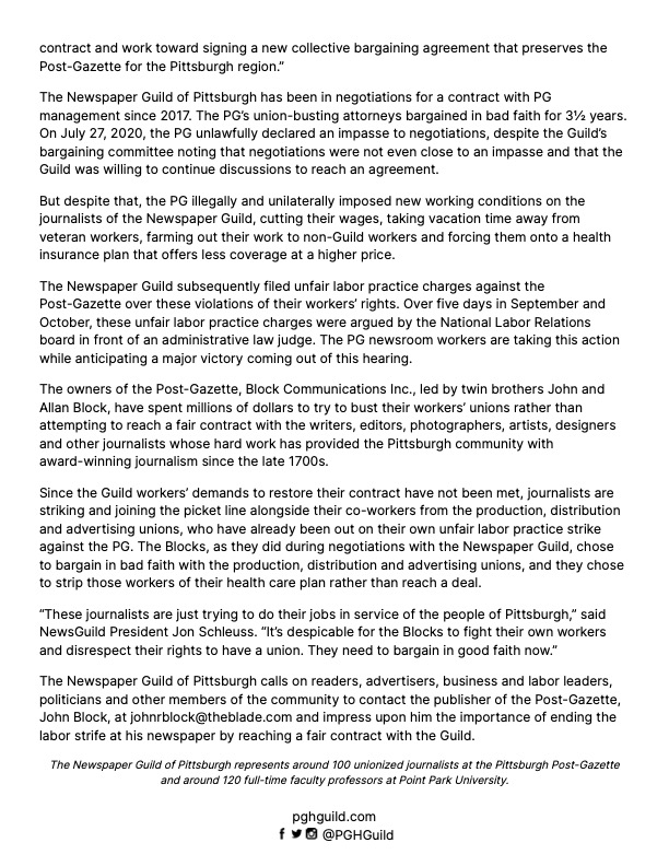PGHGuild's tweet image. The newsroom workers of the Pittsburgh Post-Gazette, represented by the Newspaper Guild of Pittsburgh, on Tuesday began a strike against the company. More details: