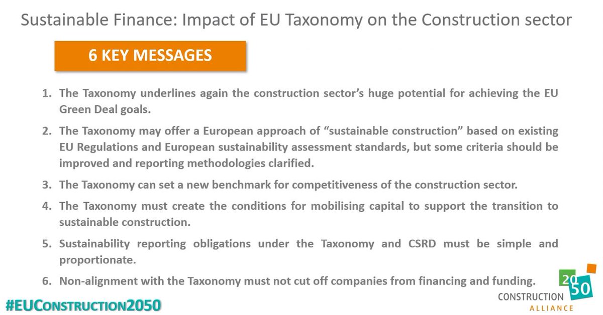 📢 The <a href="/ConstructEU2050/">Construction 2050 Alliance</a> just shared its 6 key messages on #SustainableFinance and the impact of the #EUTaxonomy on the #construction value-chain

➡️To read the full #EUConstruction2050 Press release: bit.ly/3MJj8zu