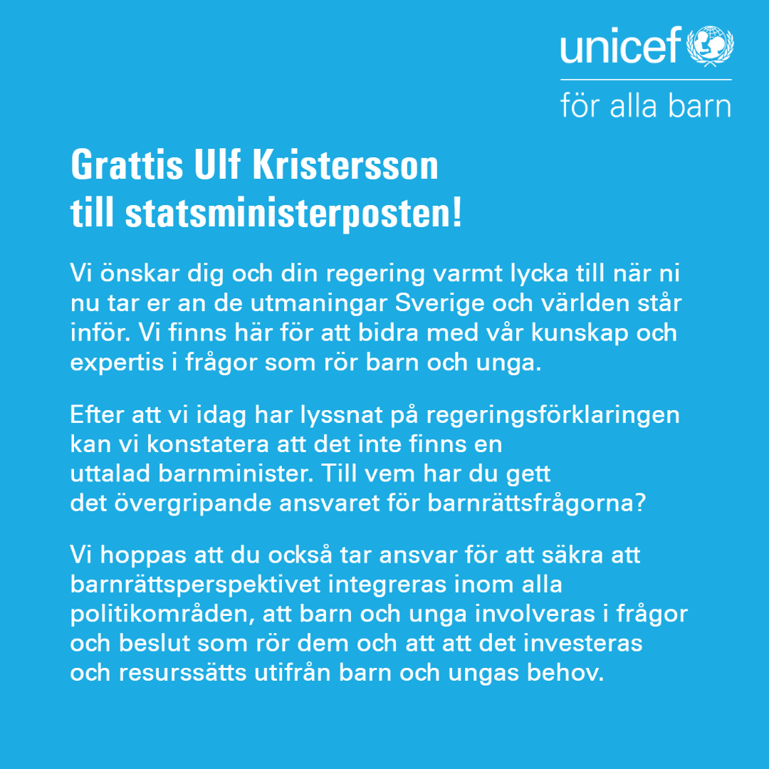 Grattis Ulf Kristersson <a href="/moderaterna/">Moderaterna</a> till statsministerposten! Men till vem har du gett det övergripande ansvaret för barnrättsfrågorna?