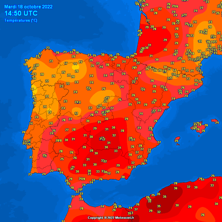 extremetemps's tweet photo. Today 18 October is another incredibly hot day in Spain and France.
SPAIN
35.8C at Loja ,35.1C Granada Airport (new monthly record).
FRANCE
33.8C at Orthez and Navarrenx
9 stations >32C, 29 >31C, 51 station >= 30C  ! 
It's just mind blowing for an Oct 18th.
38C also in Morocco. https://t.co/6oJqMZUcTS