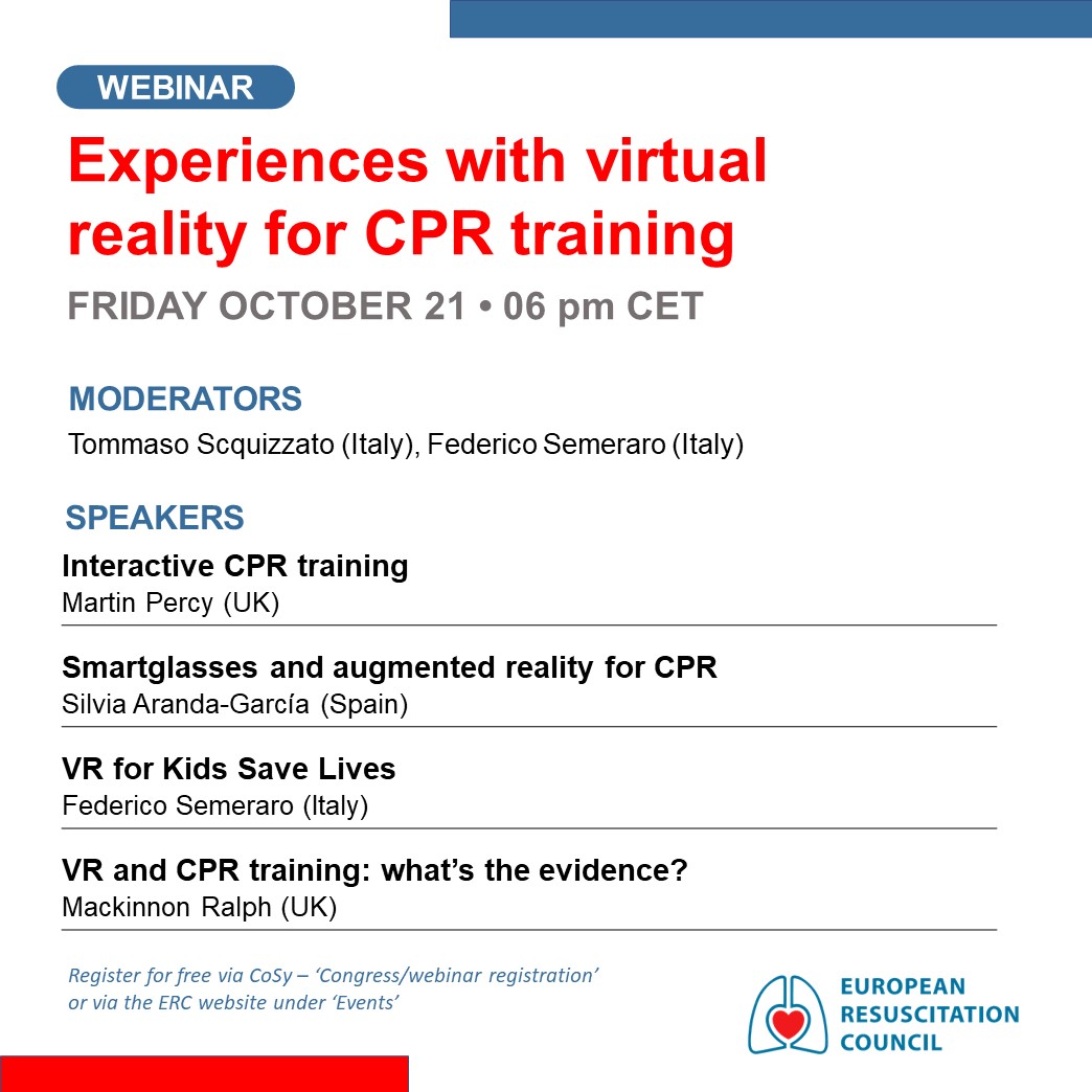 Experiences with virtual reality for CPR training Register for free to this webinar to discover several experiences with the use of VR and other interactive technologies for CPR training 😎 erc.edu/events