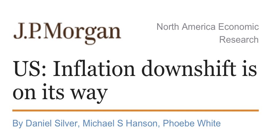 carlquintanilla's tweet photo. JPMORGAN: We see signs that moderating inflation “is already underway and that this cooling will become more prominent over time. Overall, we think headline #CPI inflation cools .. to 6.8% in December and then to 3.2% by September ..” https://t.co/aU426RoKH0