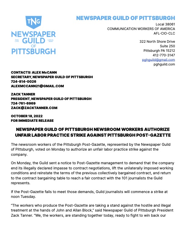 PGHGuild's tweet image. The newsroom workers of the Pittsburgh Post-Gazette, represented by the Newspaper Guild of Pittsburgh, on Tuesday began a strike against the company. More details: