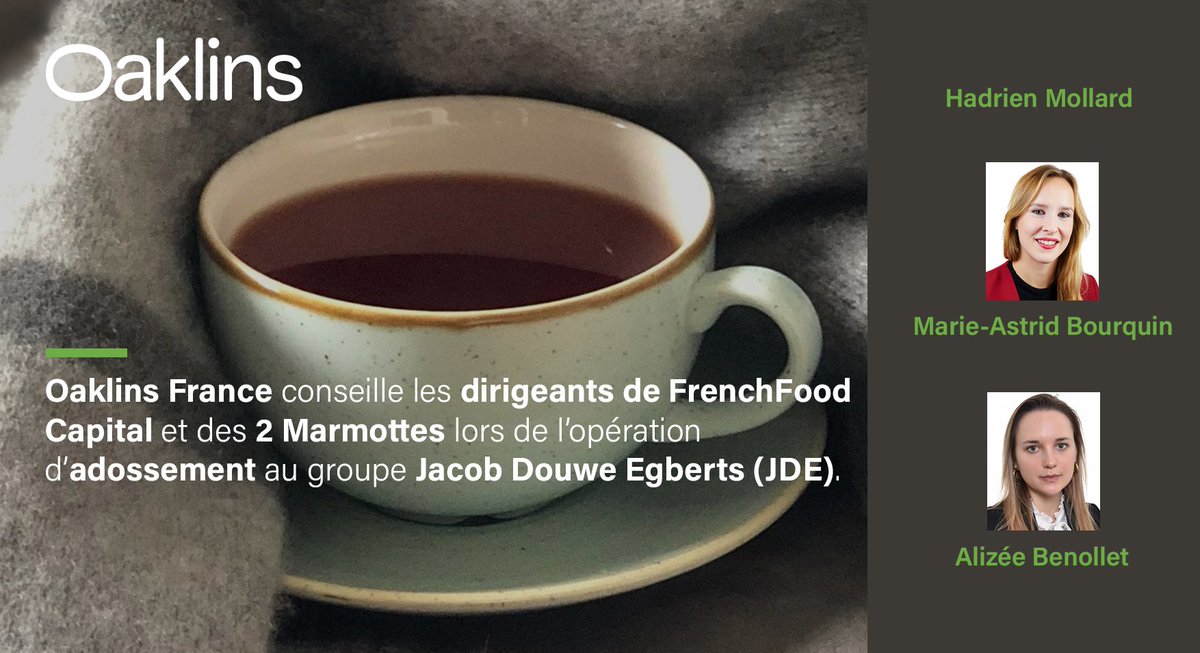 Les équipes d’ <a href="/OaklinsFrance/">Oaklins France</a> sont heureuses d’avoir accompagné les dirigeants de <a href="/FrenchFoodCap/">FrenchFood Capital</a> et <a href="/Les2Marmottes/">Les 2 Marmottes</a> lors de l'opération d'adossement au groupe Jacob Douwe Egberts (JDE).

👉bit.ly/L2M-Oaklins