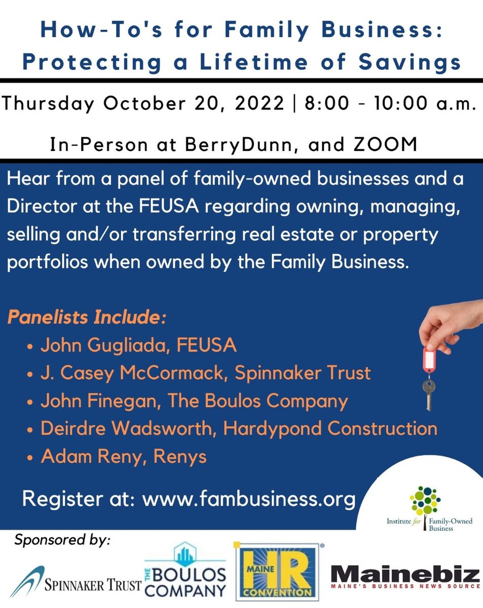 Join us this Thursday at 8 a.m. for the panel, “How To’s for Family Business: Protecting a Lifetime of Savings.”  
The panel, including our friend J. Casey McCormack from <a href="/Spinnakertrust/">Spinnaker Trust</a> will discuss owning, managing, selling or transferring real estate or property portfolios.
