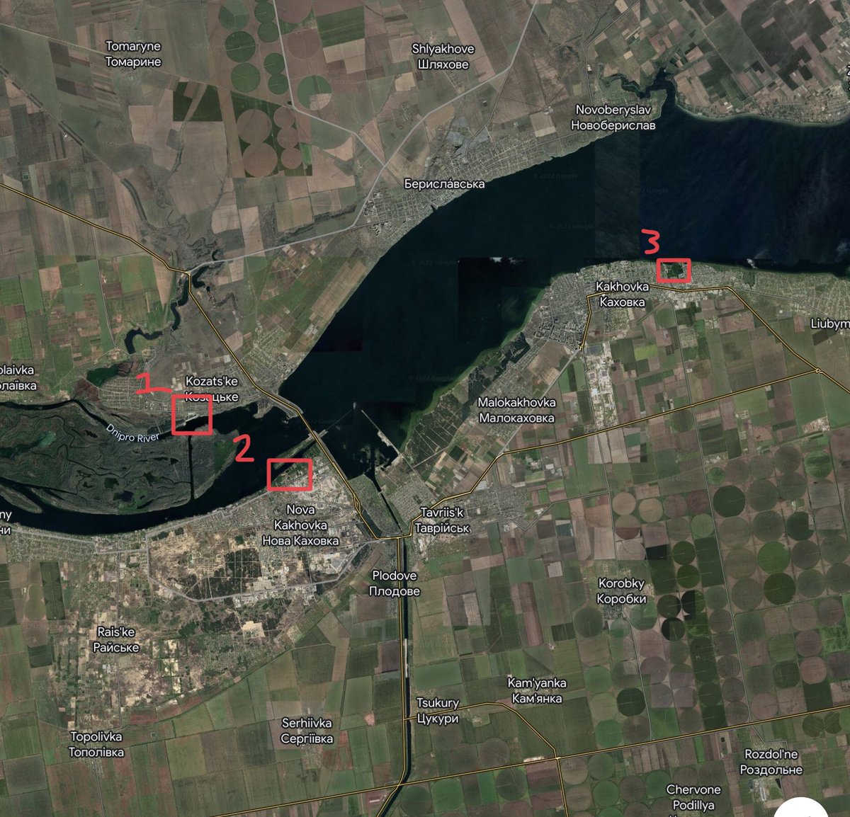 Strikes were reported today by locals in Nova Kakhovka area 
1) presumably area of one of the Russian ferry crossing in Kozatske
2) strikes/shot down missiles in Nova Kakhovka, one missile debris was found near city stadium
3) strikes in Kakhovka, dendropark area