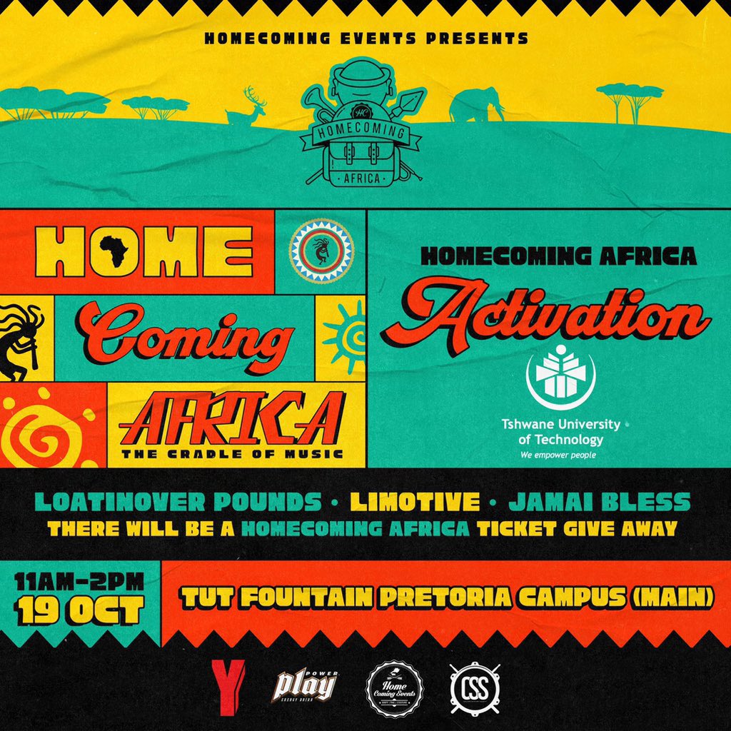 TUT STAND UP 🔥

We’ve added a few more stops on our way to #HomeComingAfrica &amp; we’re starting tomorrow at TUT’s main campus. 

Catch us at the Fountain from 11am to stand a chance to win tickets. 
Let’s rock! 

#CradleOfMusic