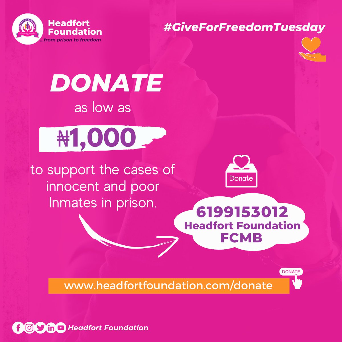 HeadfortF's tweet photo. #GiveForFreedomTuesday
Donate as low as β¦1,000 to support the cases of innocent and poor Inmates in prison.
You can donate to; 6199153012, Headfort Foundation, FCMB.
Or via https://t.co/sn5qOKuhG0
#GivingTuesday https://t.co/R3cqlzRhA0