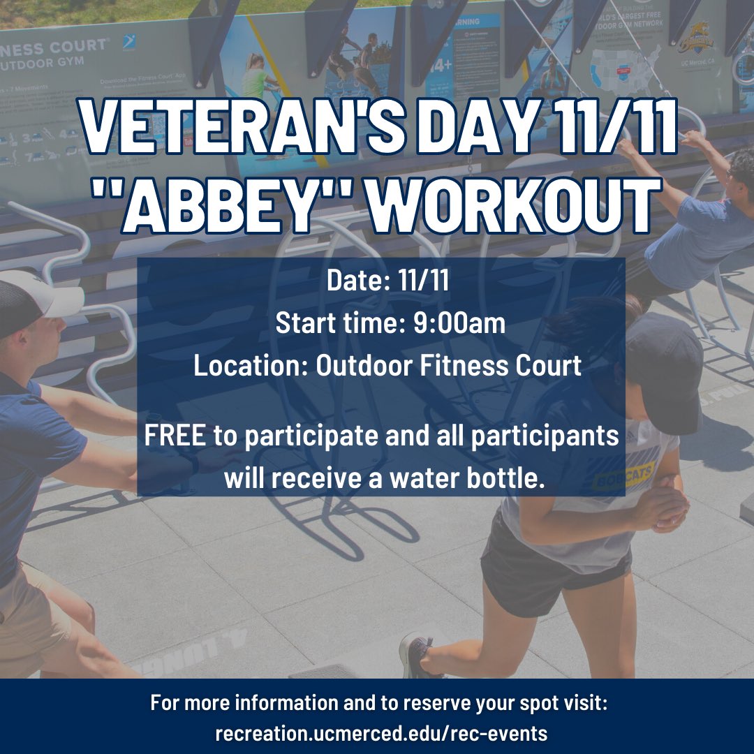 The class will be led by two United States Marines who currently attend UC Merced and consists of 13 exercises to honor the fallen troops at the Kabul Airport In Afghanistan. FREE to participate but limited spots available. Reserve your spot recreation.ucmerced.edu/rec-events