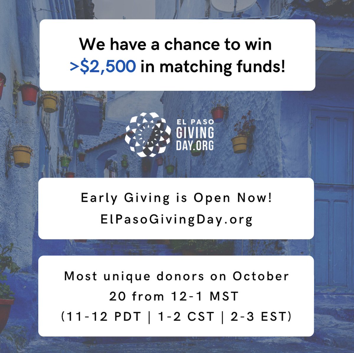 El Paso Giving Day is this Thursday, October 20th!

We have a generous $2,500 dollar for dollar match to support Abara programs responding to emerging needs on the US Mexico Border.

You can give at: ow.ly/GBxR50Lepr8

#ElPasoGivingDay