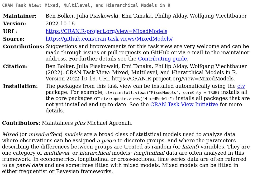 New CRAN Task View: Mixed, Multilevel, and Hierarchical Models #rstats

By Ben Bolker @bolkerb, Julia Piaskowski @seedsandbreeds, Emi Tanaka <a href="/statsgen/">Emi Tanaka @emitanaka@fosstodon.org</a>, Phillip Alday, Wolfgang Viechtbauer <a href="/wviechtb/">Wolfgang Viechtbauer</a>

URL: CRAN.R-project.org/view=MixedMode…
