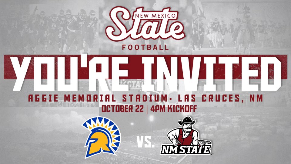 NMStateFootball's tweet photo. Calling all high school football student-athletes and coaches! You're invited to come watch the Aggies take on San José State on Saturday night! Click the link below to request tickets #AggieUp 

𝐏𝐥𝐚𝐲𝐞𝐫𝐬: https://t.co/z57hgj0GSR

𝐂𝐨𝐚𝐜𝐡𝐞𝐬: https://t.co/19ZaI6ZLPs https://t.co/ooky6LT4z0