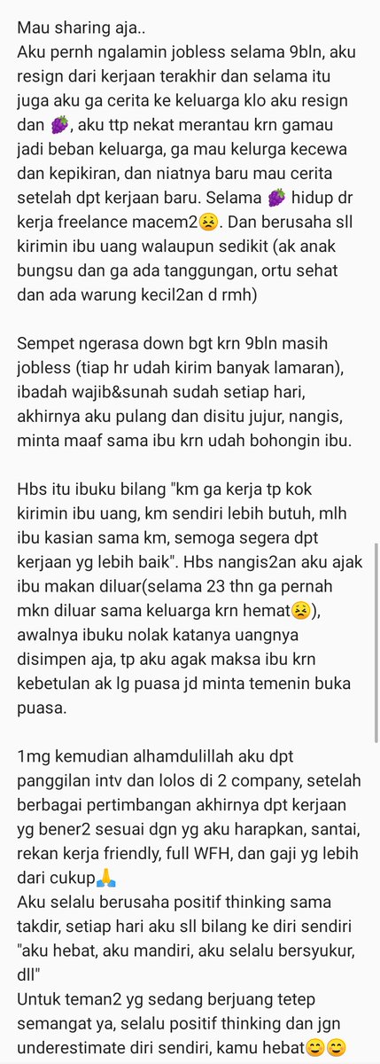 worksfess's tweet image. Work! CW // 🍇
Yg sedang berjuang harus selalu semangat dan positif thinking ya, ga boleh ngremehin diri sendiri☺