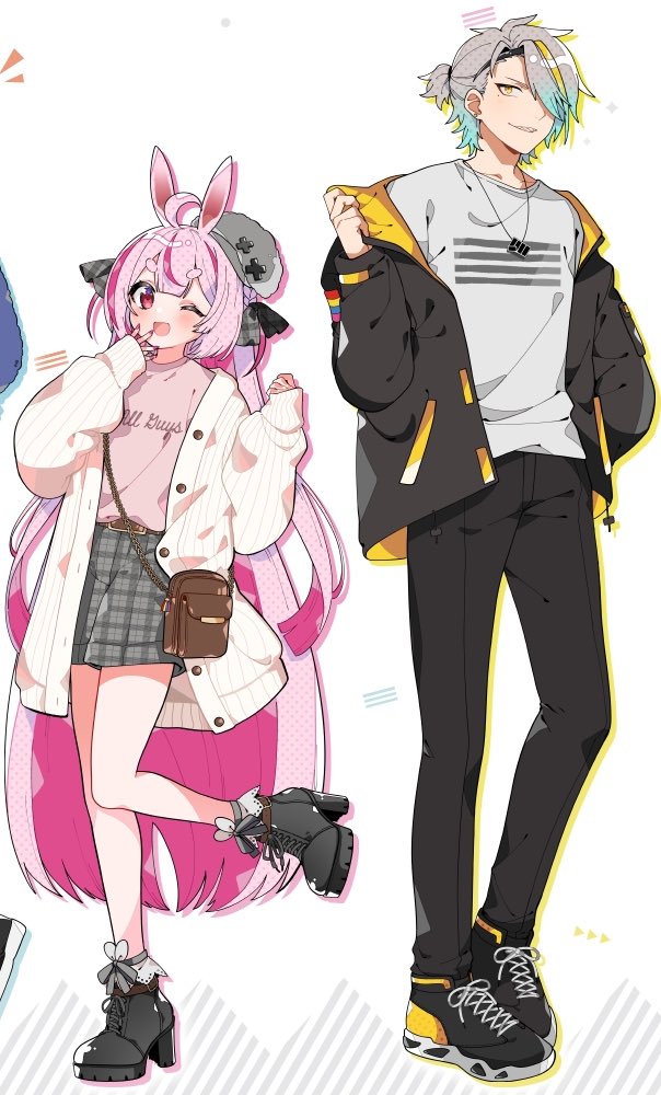 1boy 1girl jacket pink hair black footwear pants animal ears  illustration images