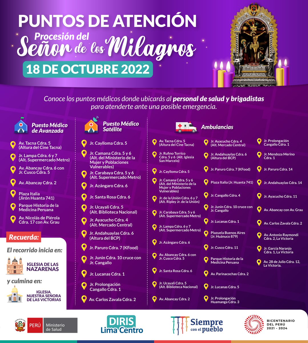 DirisLC_oficial's tweet photo. 🚨 Ante posibles situaciones de riesgo a la salud durante la Procesión del Señor de Los Milagros, la Diris Lima Centro pone a disposición puntos de atención médica a los que puedes acercarte para atención inmediata. 🚑
@Minsa_Peru @HSMNazarenas https://t.co/oYJBx7Dok2