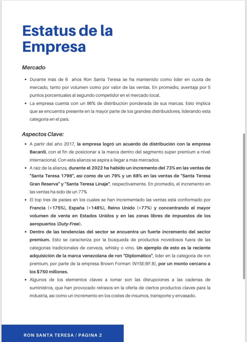 cguilliod's tweet photo. Dentro de las empresas que cotizan en la @Bolsacaracas  esta @ronsantateresa  La reciente adquisición de la de ron "Diplomático", por $725 mm por parte de Brown Forman, perfila a RST con un potencial de crecimiento en valoración importante. Anexo reporte @gruposolfin https://t.co/rhKkjcEb3t