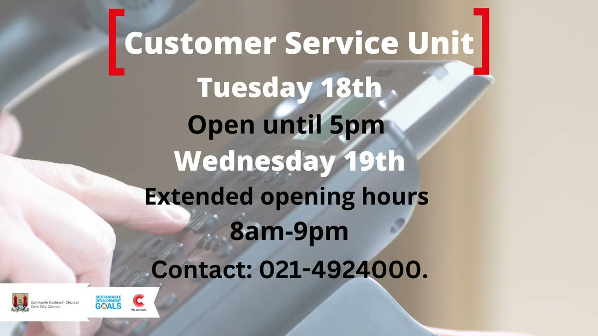 📢 Updated Cork City Council Customer Service Unit Opening Hours ☎️ Members of the public can contact the CSU with any issues that may arise due to this Status Orange event.