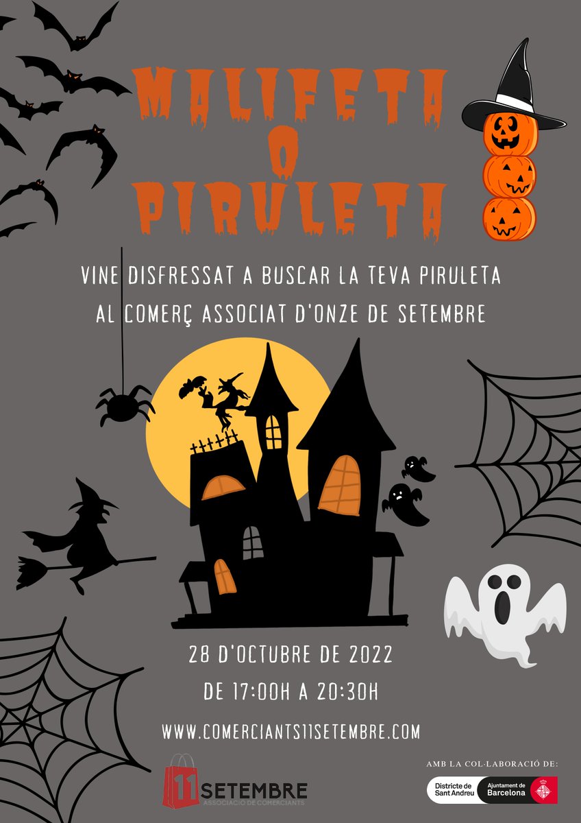 🎃MALIFETA O PIRULETA🎃

Celebra el Halloween amb el comerç de pròximitat👻🧹

👻Vine disfressat a buscar la teva piruleta al comerç associat d'Onze de Setembre👻

👉28 d'octubre de 2022
🕔De 17:00h a 20:30h🕣

*Darrerament penjarem els comerços que participen*