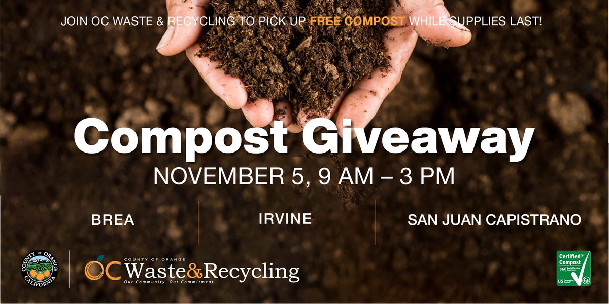 Mark your calendar!🗓OC Waste & Recycling is excited to host compost giveaways on Saturday, November 5 from 9 a.m. – 3 p.m. while supplies last. Quantities are limited. Keep an eye on @OCWaste day of the event for updates, and for more information visit OCLandfills.com/compost-events