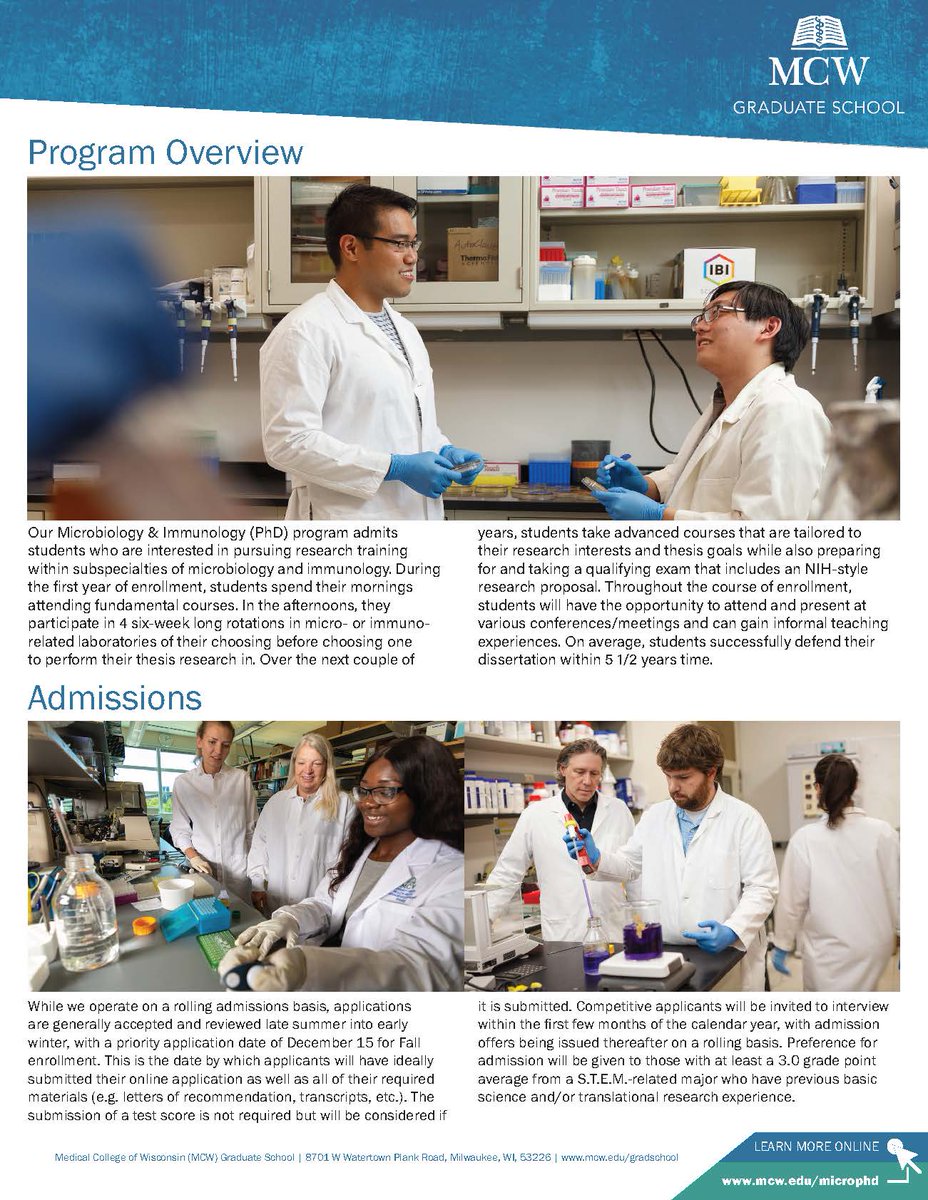 M&amp;I is accepting applicants for our direct admit PhD program! Are you or somebody you know interested pursuing a career in biomedical sciences within academia, industry, or government? Check out our flier, program info, and link to apply here: mcw.edu/departments/mi…