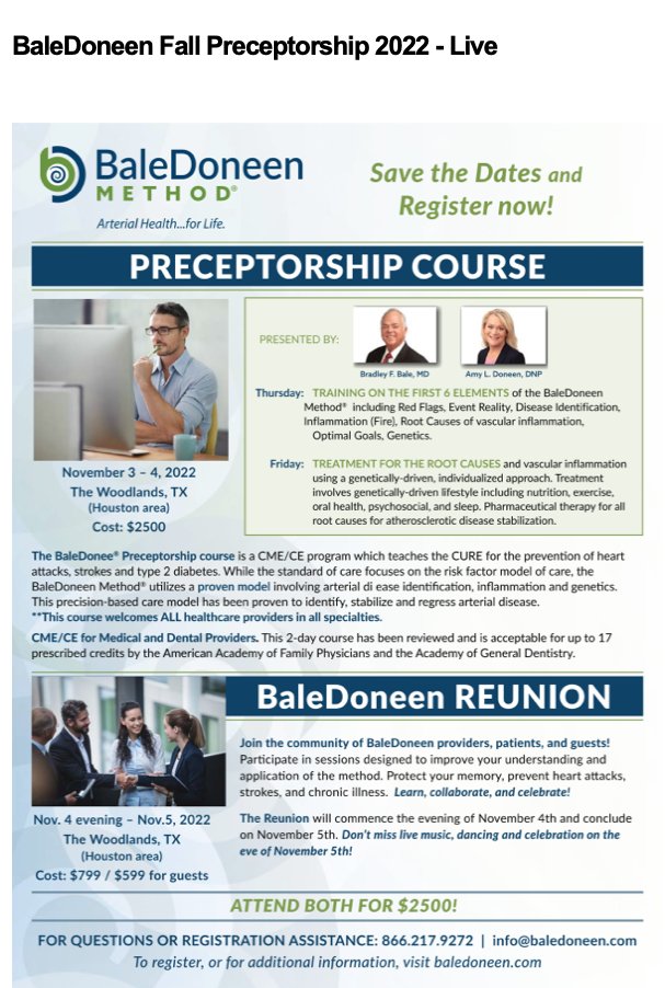 So excited to be doing our LIVE fall BaleDoneen Method preceptorship &amp; CME/CE program in TWO WEEKS! All #healthcare providers welcome, use this link to save your spot. conta.cc/3SjqLxK #heartattackprevention #strokeprevention #cmevents #medicaleducation #wellness