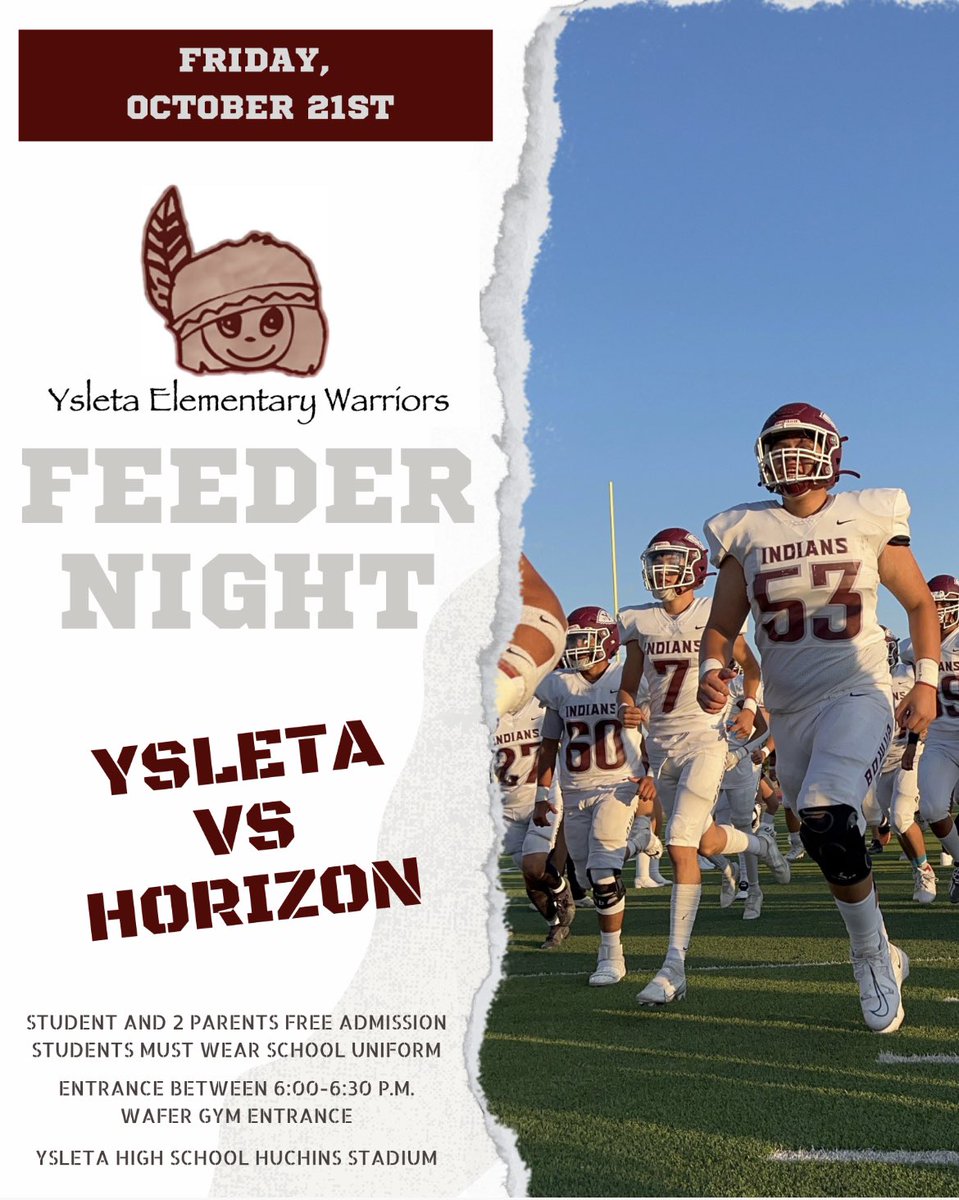 yeswarriors1's tweet photo. Ready for some Friday Night Lights?!? Come and represent Ysleta Elementary and cheer on our @YsletaHS football team as they go agains the Horizon 🦂. #OneTribe #BowUp 🏹 @_IreneAhumada @BrendaChR1 https://t.co/qeCD8iCF0R