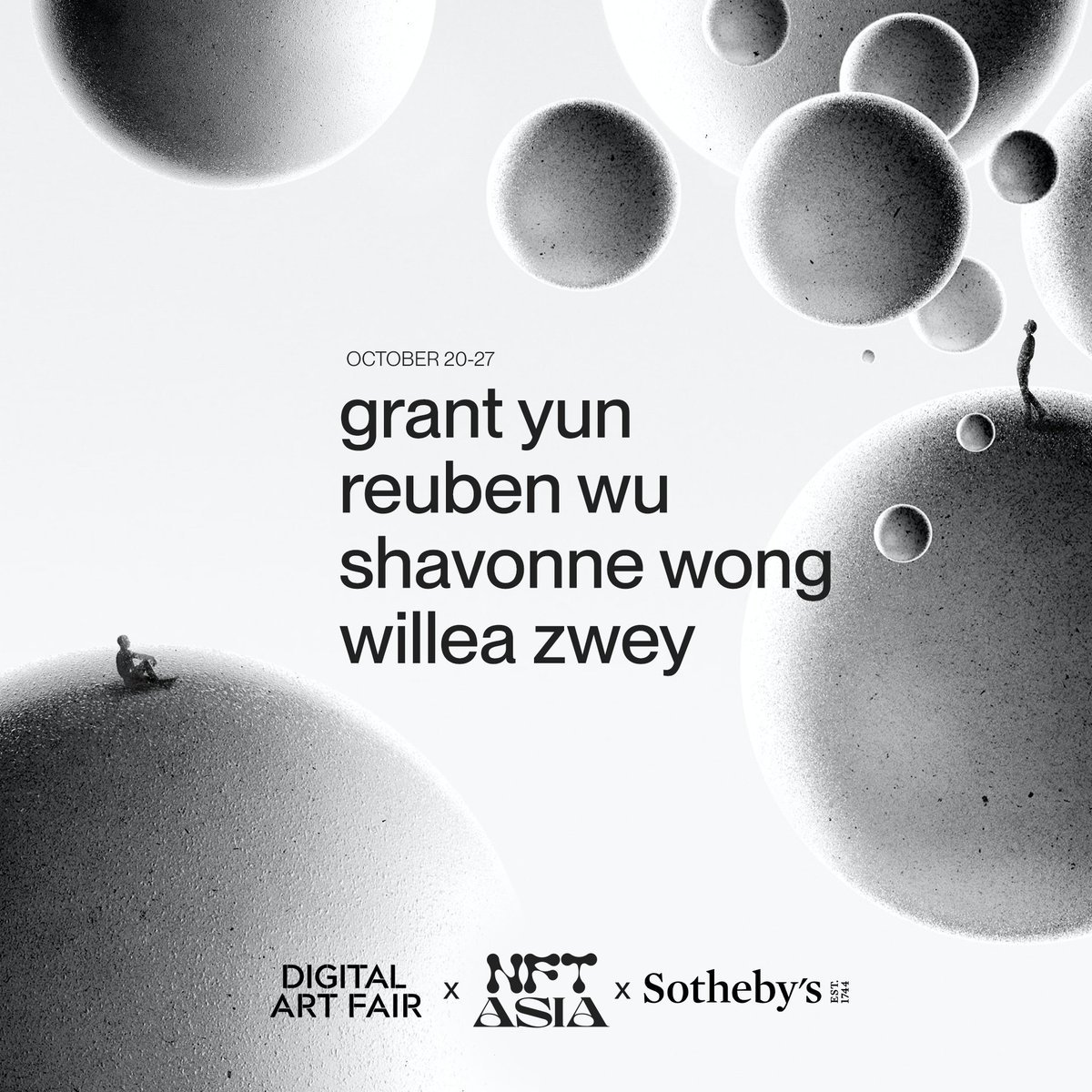 We are proud to announce

 NFT Asia x <a href="/Sothebys/">Sotheby's</a> x @digitalartfair 🎉

This upcoming auction brings together leading names in digital art, with NFT Asia curating four artists: <a href="/shavonnewong_/">˗ˏˋ Shavonne Wong ˎˊ˗ ✨(NFT Asia/Bloom)</a>, <a href="/WillZwey/">Willea Zwey</a>, <a href="/GrantYun2/">Grant</a> &amp; <a href="/Reuben_Wu/">Reuben Wu</a> 

The auction will run from Oct 20 - 27. Stay tuned 👀