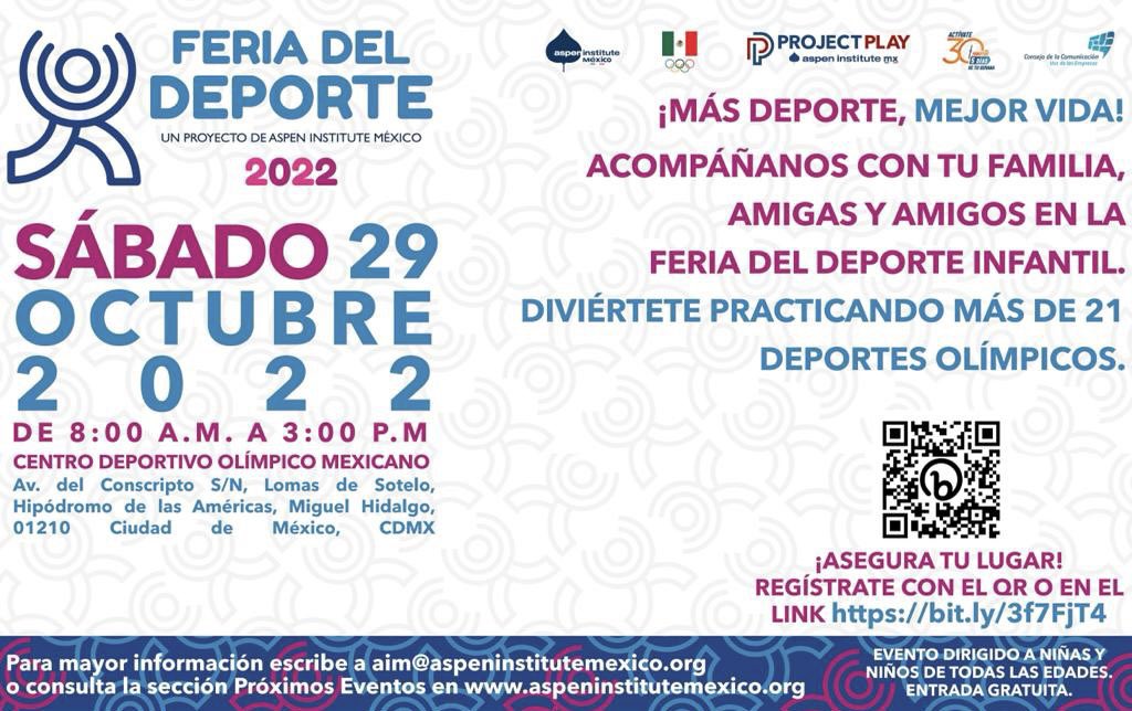 Este 29 de octubre, diviértete practicando los deportes olímpicos. Acompáñanos en la Feria del Deporte Infantil 2022.

Acompáñanos con tu familia y amigos. Entrada gratuita.
🗓sábado 29 de octubre
🕚 08 a.m. a 3 p.m.
📝 bit.ly/3f7FjT4 
📍CEDOM