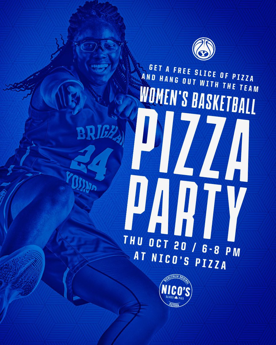 byuwbb's tweet photo. Come party with us THURSDAY NIGHT (10/20) and get FREE PIZZA 🍕

We’re hosting a pizza party at Nico’s pizza in Provo, Thursday night! Come meet the team, eat pizza, and enter giveaways! Everyone who shows up will walk away with a giveaway prize 🤩 https://t.co/WSoCDiLxuz