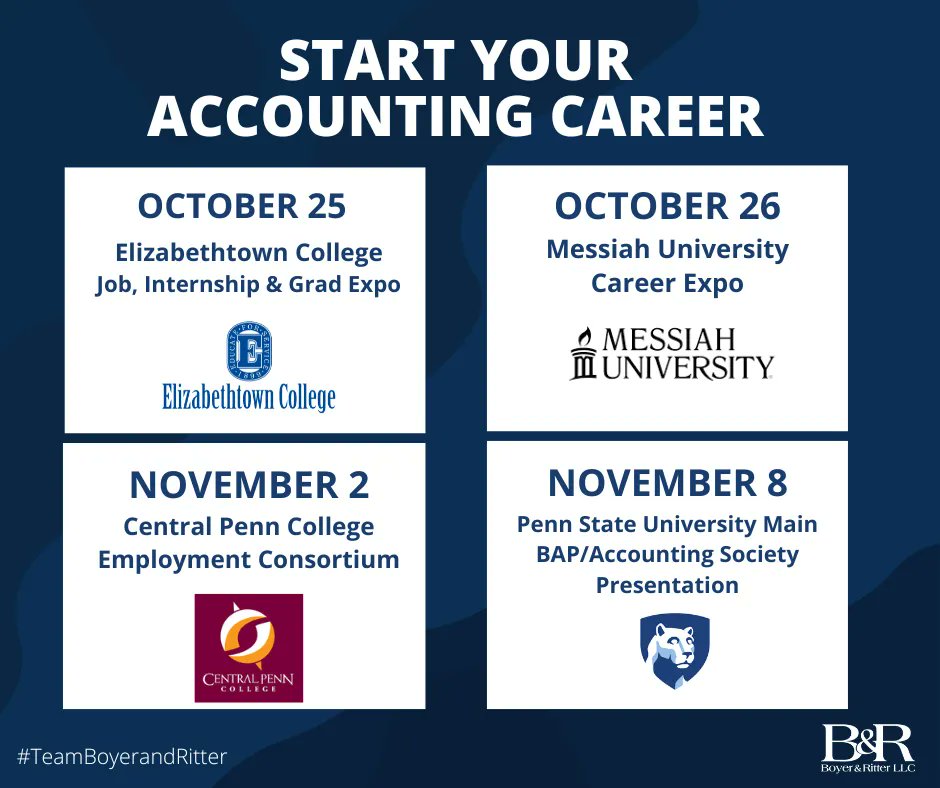 BoyerandRitter's tweet photo. For our last round of Fall Recruiting, we will be at Elizabethtown College, Messiah University, Central Penn College, and Penn State. Stop by to learn about starting your accounting career at Boyer &amp; Ritter. #TeamBoyerandRitter #AccountingCareers https://t.co/ad85y1QBFL