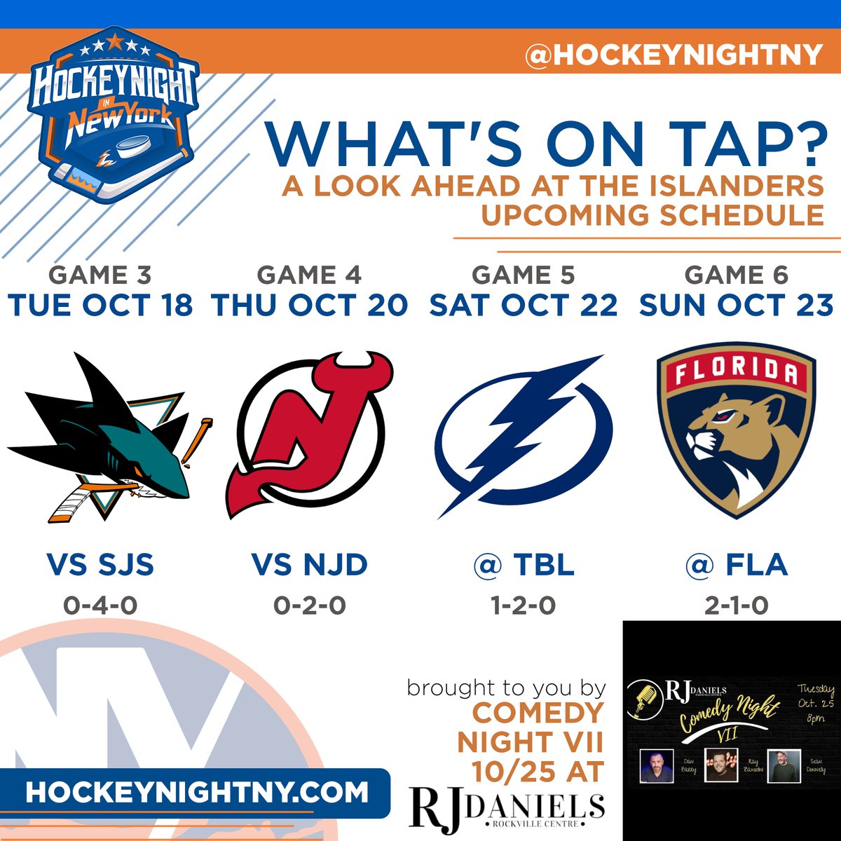 The schedule is starting to pick up as the #isles close out their 4-game opening homestand w/visits from the Sharks & Devils before taking a trip down to Florida for a set of back-to-backs vs the Lightning & Panthers! That's What's On Tap brought to you by 
@RJDanielsRVC! #NHL https://t.co/wagHKGo84P