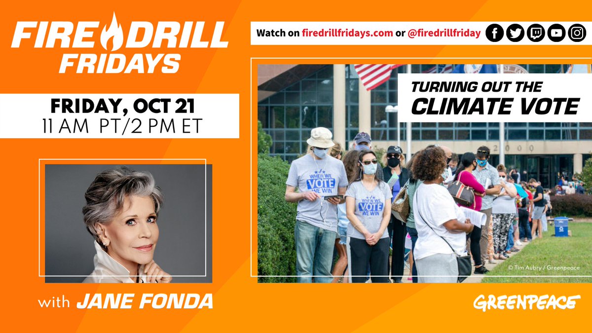 Firefighters! DYK there are just 20 days until the midterm elections? This week on #FireDrillFridays, Actor & Activist @Janefonda reunites with past guests to discuss why voting for a cleaner, greener, healthier world matters. Tune in Fri, 10/21 at 11amPT/2pmET on @greenpeaceusa