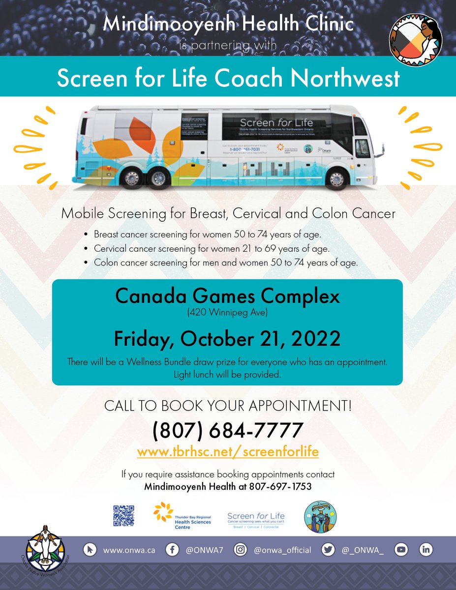 _ONWA_'s tweet image. Join the Mindimooyenh Health Clinic in partnership with Screen for Life Coach Northwest for a mobile Screening for Breast, Cervical and Colon Cancer.

Call to book your appointment!
(807) 684-7777
tbrhsc.net/screenforlife

#MobileScreening #Mindimooyenh #IndigenousHealth