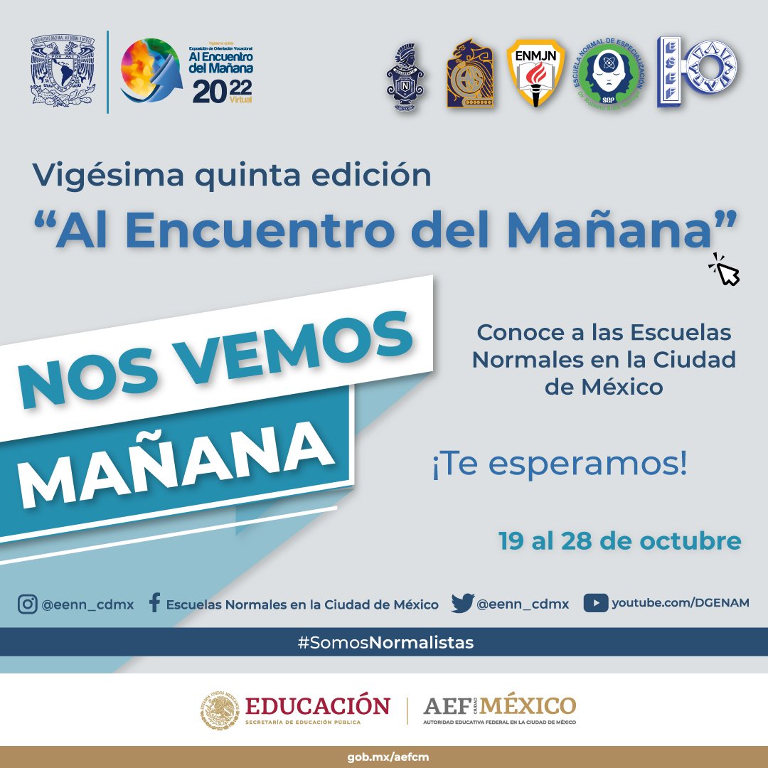 EENN_CDMX's tweet photo. La DGENAM y las 5 Escuelas Normales Públicas de la CDMX, están orgullosas de participar en este evento que servirá de apoyo para la decisión de tu futuro académico y profesional
¡Te esperamos!
👉🏻https://t.co/e5ohgRELl1
#SomosNormalistas #DGENAM #AlEncuentrodelMañana2022 https://t.co/pI0JkLf7Vv
