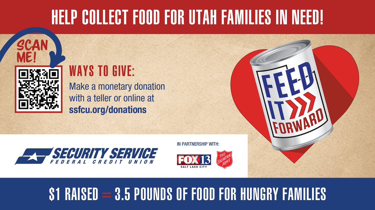SalArmySLC's tweet photo. Help us collect food for needy families in Utah. Support the 2022 “Feed It Forward” food drive campaign, a partnership between Security Service Federal Credit Union, The Salvation Army, and KSTU TV Fox 13. https://t.co/dcKotaBg5X