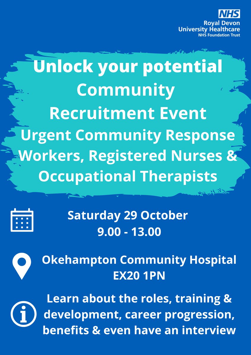 Do you want a career where you can make a real difference, feel valued &amp; have clear #careerprogression opportunities? We'd love to meet you at our #recruitmentevent. #NHSJobs  #Nurses #Nursesontwitter #OccupationalTherapists #HealthcareSupportWorkers  #OkehamptonJobs