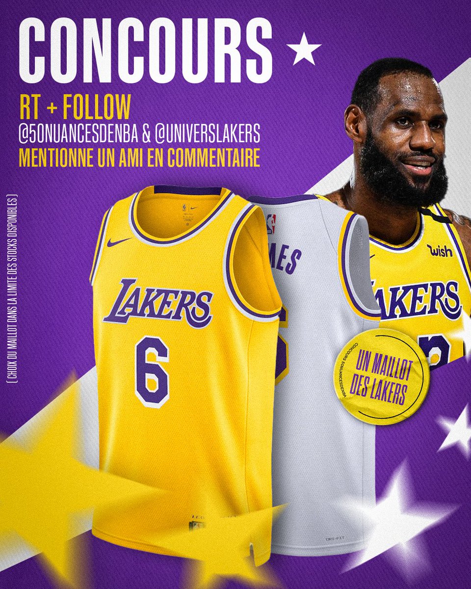 50NuancesDeNBA's tweet photo. ALERTE GÉNÉRALE 🚨
CONCOURS 🎊

Pour fêter le retour de la NBA, tente de remporter un maillot des Lakers…celui de ton choix en plus 😎🎁

Pour participer :
1️⃣ #RT ce tweet
2️⃣ Follow @50NuancesDeNBA &amp; @UniversLakers 
3️⃣ Mentionne un ami en commentaire

(TAS le 01/11) https://t.co/LJaV5ukjQb