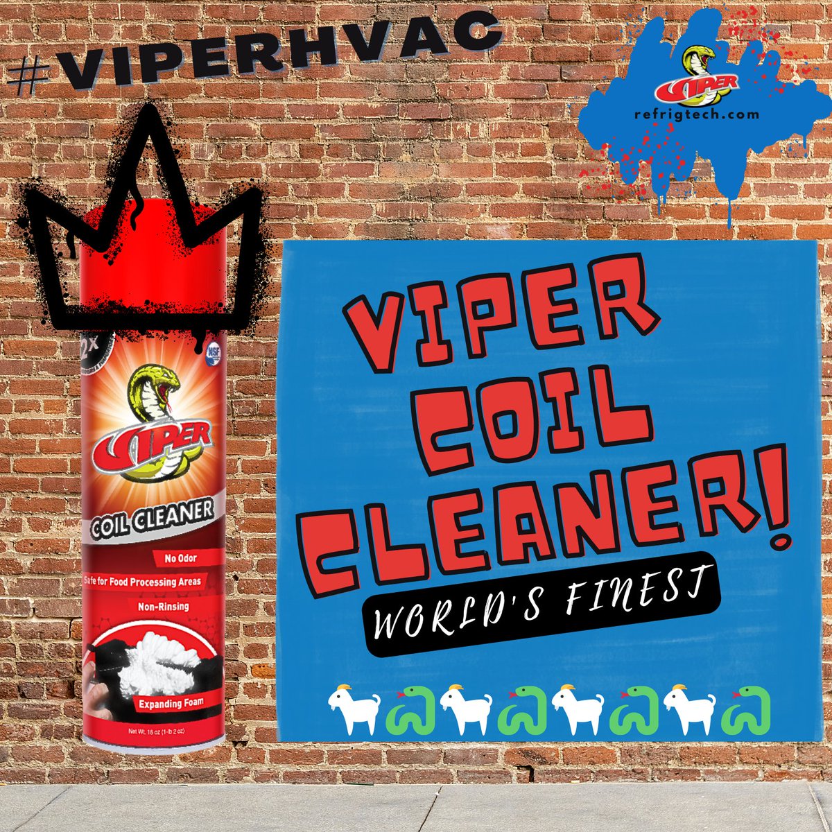 refrigtechHVACR's tweet photo. #ViperCoilCleaner is the WORLD'S FINEST when it comes to cleaning small indoor kitchen equipment, condenser and evaporator coils. 🐐🐍🐐🐍🐐🐍

https://t.co/wR0nr2Z8JC

Available at HVAC Wholesalers worldwide! 🇺🇸 🇨🇦 🇦🇺 🌎

#RefrigerationTechnologies #ViperHVAC #HVAC #CoilCleaner https://t.co/OWE9SGuHQa