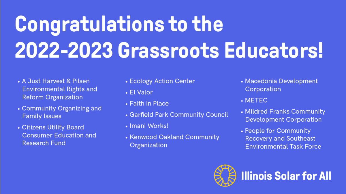 ElevateNPO's tweet photo. We’re excited to announce the new #IllinoisSolarforAll Grassroots Educators! #ILSolarforAll brings the benefits of #solarenergy to income-eligible communities. Grassroots Educators educate their communities about program benefits. Learn more: https://t.co/Fe8pc9hMa2 https://t.co/ZoQDYU1Caw