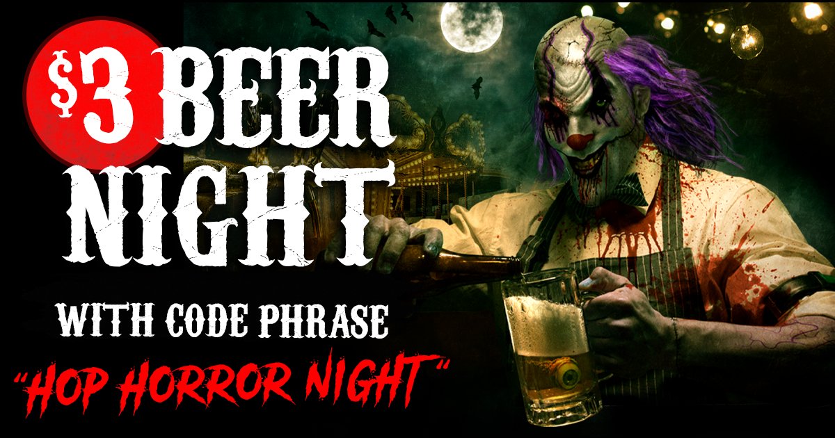 Screamageddon's tweet photo. Join SCREAM-A-GEDDON tonight (10/18) and use the phrase "Hop Horror Night" and receive $3 select domestic beers🍺
#ScreamAGeddon #BeerSpecial #TuesdaySpecial #HauntedHouse #OctoberEvents #DadeCityFL #TampaFL https://t.co/DNkNEuVH2m https://t.co/LNh2BDuEbU