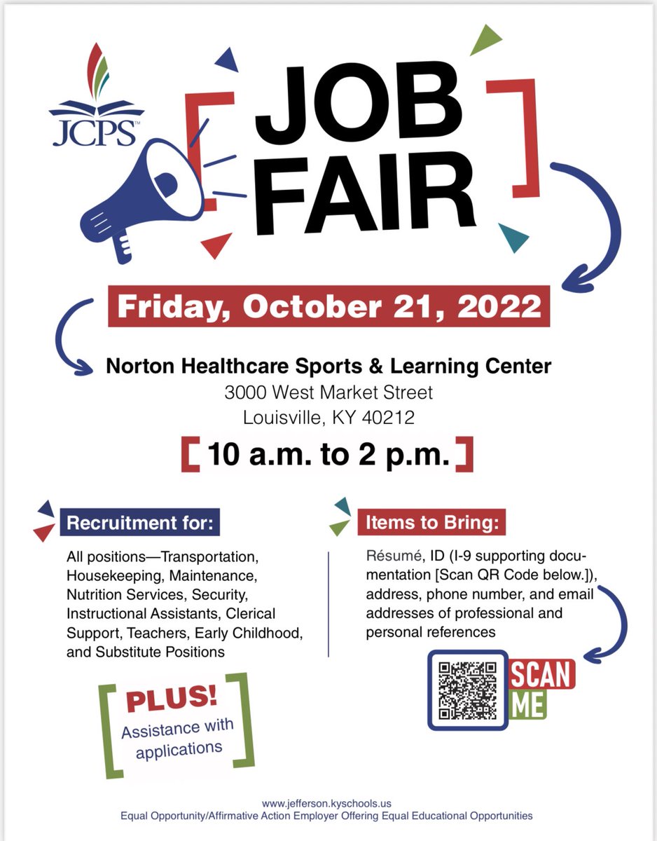 JCPSRecruits's tweet photo. 🗣This Friday we will be hosting a job fair at Norton Healthcare Sports &amp; Learning Center from 10am to 2pm. This is a great opportunity to learn more about our district and find out how you can become a part of the @JCPSKY family. Hope to see you there! https://t.co/Oc3WptdknX