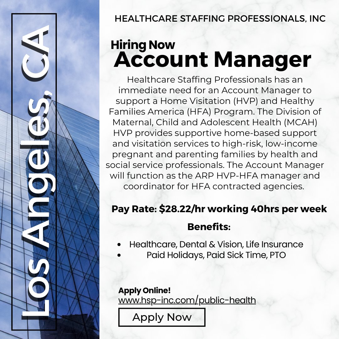 HSP is looking for a qualified Account Manager to work in Los Angeles, CA! If you are interested in applying visit our Public Health Job Board at hsp-inc.com/public-health.… #jobboard #hiringnow #lacounty #lacountyjobs #hiringnow #publichealth #lapublichealth #publichealthjobs