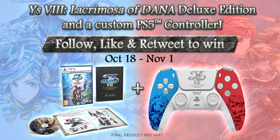 NISAinEurope's tweet image. 🚨YS VIII CUSTOM CONTROLLER &amp;amp; DE #GIVEAWAY🚨

We'll be giving away this custom Ys VIII: Lacrimosa of DANA PS5 controller along with a Deluxe Edition as part of our week of Falcom celebrations! 🎮🎉

To enter:

👥Follow @NISAinEurope 

♥Like

🔁Retweet
